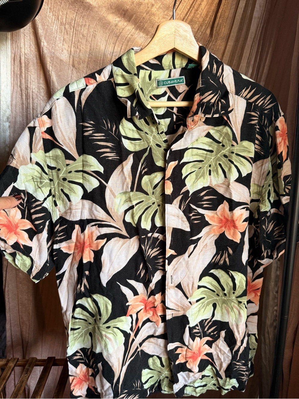 Cubavera Tropical Floral Button Down Shirt Black and Coral Monstera Leaf Men's L